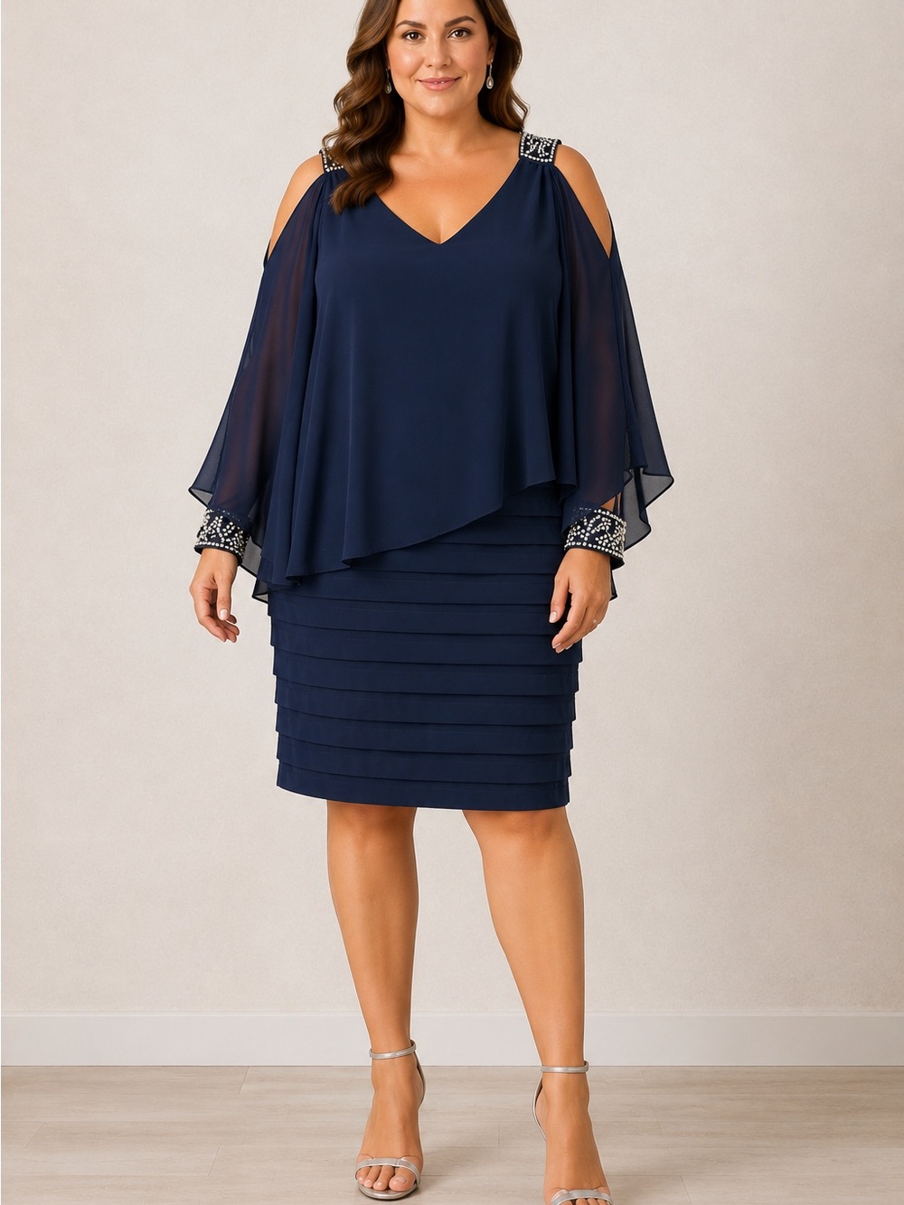 Betsy & Adam 16W Navy Beaded Cold Shoulder Cocktail Dress NWT Mother Bride